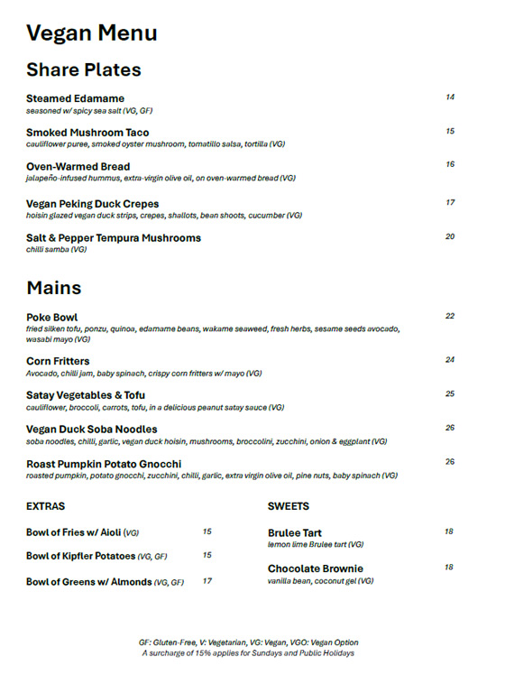 Vegan Menu - OG's Cronulla