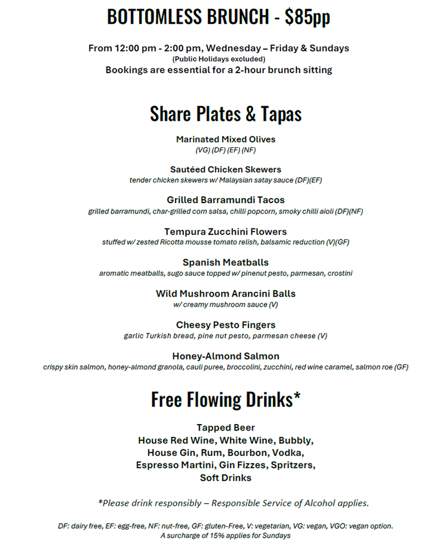 Bottomless Brunch Menu - OG's Cronulla
